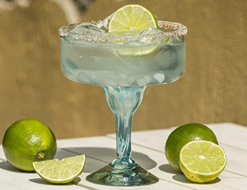 Handmade con Amor 16 oz Hand Blown Mexican Margarita Glasses Set of 2 - Ocean Blue Confetti - My Kitchen Products