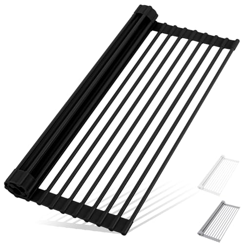 HANZENMA Roll Up Dish Drying Rack Over The Sink Kitchen Roll Up Sink Drying Rack Multipurpose Foldable Sink Drying Mat, Heat-Resistant, Anti-Slip & Anti-Rust Dish Rack for Kitchen, 17" x 13", Black - My Kitchen Products