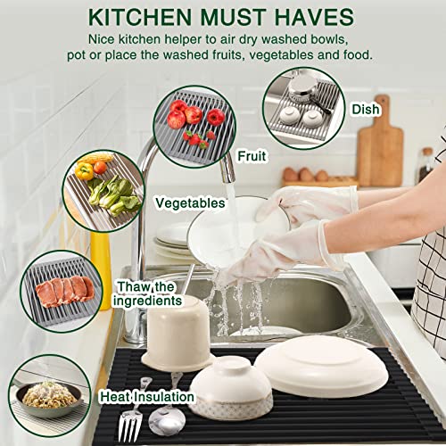 HANZENMA Roll Up Dish Drying Rack Over The Sink Kitchen Roll Up Sink Drying Rack Multipurpose Foldable Sink Drying Mat, Heat-Resistant, Anti-Slip & Anti-Rust Dish Rack for Kitchen, 20.5" x 13", Black - My Kitchen Products