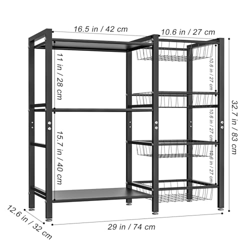 Hastatii Storage Rack Kitchen Baker's Rack - 3 Tiers 4 Baskets, Utility Coffee Bar, Air Fryer Stand with Steel Mesh Baskets - My Kitchen Products