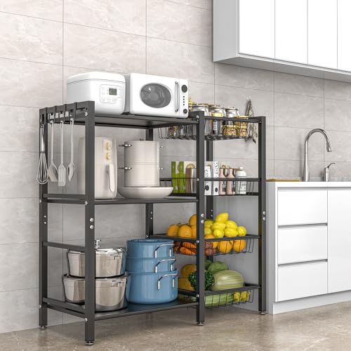 Hastatii Storage Rack Kitchen Baker's Rack - 3 Tiers 4 Baskets, Utility Coffee Bar, Air Fryer Stand with Steel Mesh Baskets - My Kitchen Products