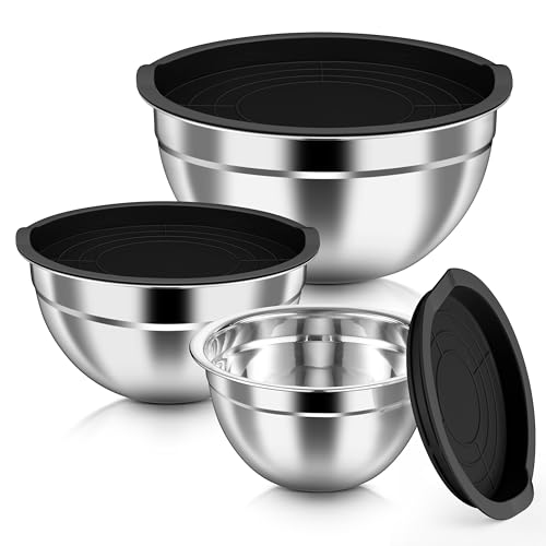 HaWare Mixing Bowls with Airtight Lids, 6-Piece Stainless Steel Salad Bowls, Strong Nesting Bowls for Cooking, Prepping, Baking, Serving & Food Storage, Stackable Design, Size 4.6, 3, 1.5QT, Black - My Kitchen Products