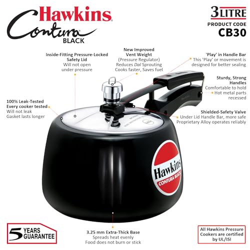 Hawkins 3 Litre Contura Black Pressure Cooker, Hard Anodised Inner Lid Cooker, Handi Cooker, Black (CB30) - My Kitchen Products