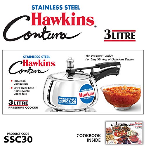 Hawkins 3 Litre Contura Pressure Cooker, Stainless Steel Inner Lid Cooker, Handi Cooker, Induction Cooker, Silver (SSC30) - My Kitchen Products