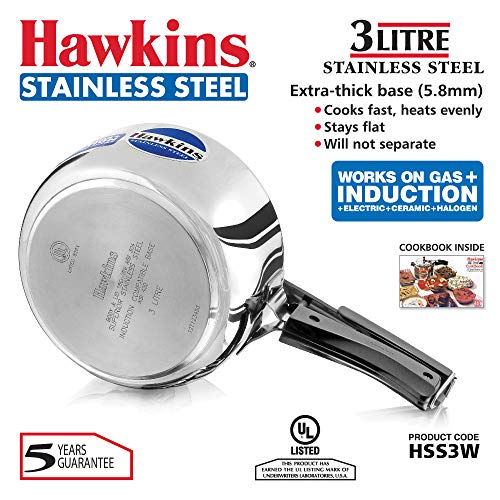 Hawkins 3 Litre Inner Lid Pressure Cooker, Stainless Steel Cooker, Wide Design Pan Cooker, Induction Cooker, Silver (HSS3W) - My Kitchen Products