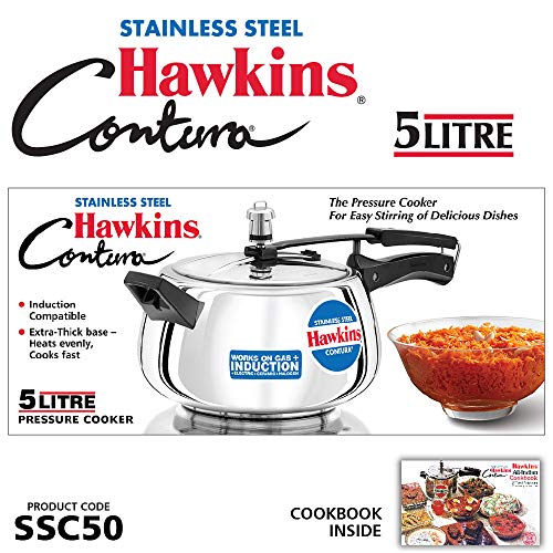 Hawkins 5 Litre Contura Pressure Cooker, Stainless Steel Inner Lid Cooker, Handi Cooker, Induction Cooker, Silver (SSC50) - My Kitchen Products