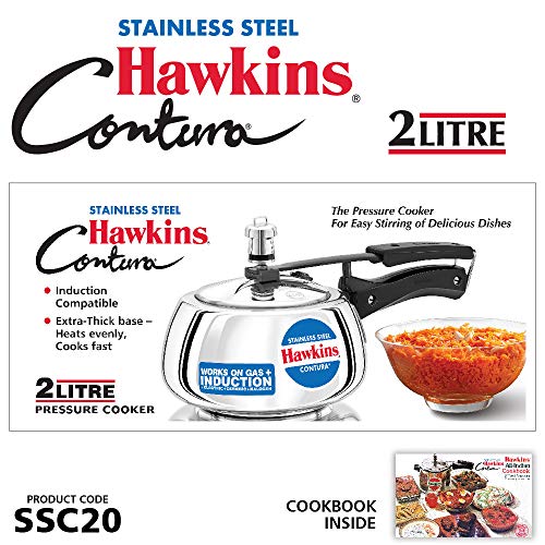 Hawkins Contura Pressure Cooker, Stainless Steel Inner Lid Cooker, Handi Cooker, Induction Cooker, Small Cooker, Silver SSC20 2 Litre - My Kitchen Products