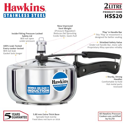 Hawkins Pressure Cooker, Stainless Steel Inner Lid Cooker, Induction Cooker, Small Cooker, Silver HSS20 2 Litre - My Kitchen Products