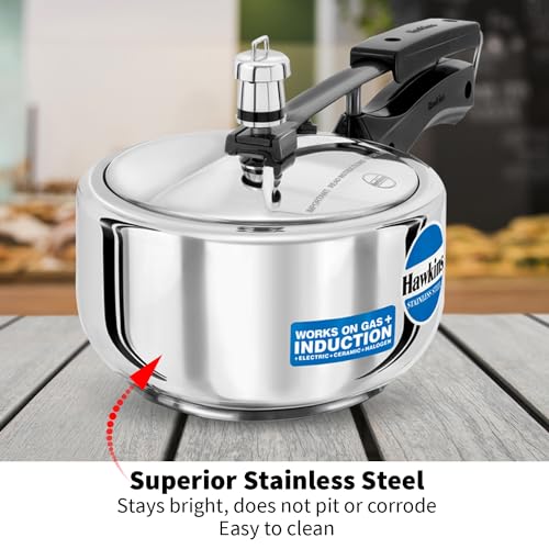 Hawkins Pressure Cooker, Stainless Steel Inner Lid Cooker, Induction Cooker, Small Cooker, Silver HSS20 2 Litre - My Kitchen Products