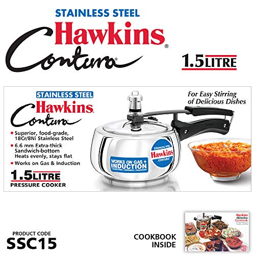 Hawkins Stainless Steel Contura Induction Compatible Inner Lid Pressure Cooker, 1.5 Litre, Silver (SSC15) - My Kitchen Products