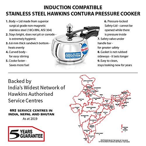 Hawkins Stainless Steel Contura Induction Compatible Inner Lid Pressure Cooker, 1.5 Litre, Silver (SSC15) - My Kitchen Products