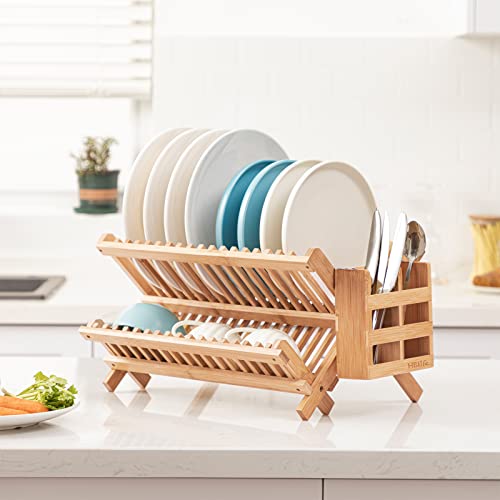 HBlife Dish Rack, Bamboo Folding 2-Tier Collapsible Drainer Dish Drying Rack with Utensils Flatware Holder Set (Dish Rack with Utensil Holder) - My Kitchen Products