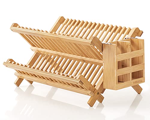 HBlife Dish Rack, Bamboo Folding 2-Tier Collapsible Drainer Dish Drying Rack with Utensils Flatware Holder Set (Dish Rack with Utensil Holder) - My Kitchen Products