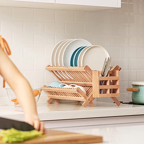 HBlife Dish Rack, Bamboo Folding 2-Tier Collapsible Drainer Dish Drying Rack with Utensils Flatware Holder Set (Dish Rack with Utensil Holder) - My Kitchen Products