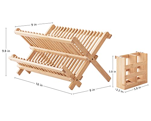 HBlife Dish Rack, Bamboo Folding 2-Tier Collapsible Drainer Dish Drying Rack with Utensils Flatware Holder Set (Dish Rack with Utensil Holder) - My Kitchen Products
