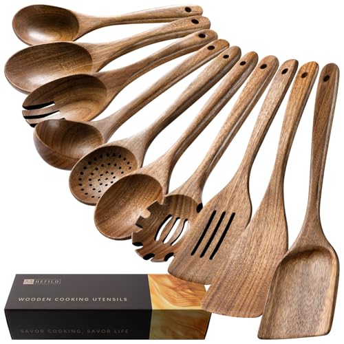 Hefild Wooden Spoons for Cooking, Nonstick Cooking Utensil Set with 10 Piece Acacia Wooden Spatulas and Spoons for Cooking, Terrific for Everyday Kitchen Tasks - My Kitchen Products