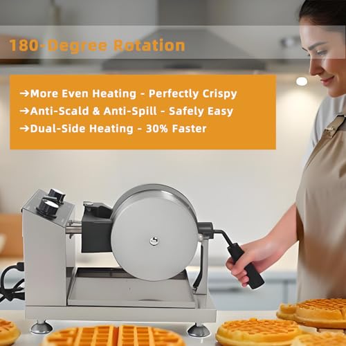 Hehinton® 110V 1300W Commercial Belgian Waffle Maker, 180 Degree Rotatable Waffle Baker Machine with 122-572℉ Temp Control, 0-5min Timer, φ7"X1.2" Thick Non-Stick Dough/Batter Round Waffle Maker - My Kitchen Products