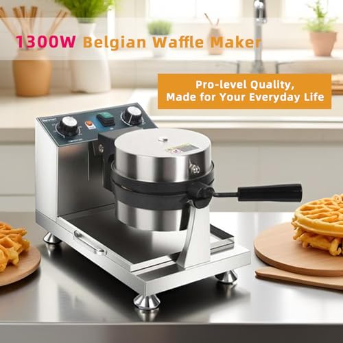 Hehinton® 110V 1300W Commercial Belgian Waffle Maker, 180 Degree Rotatable Waffle Baker Machine with 122-572℉ Temp Control, 0-5min Timer, φ7"X1.2" Thick Non-Stick Dough/Batter Round Waffle Maker - My Kitchen Products