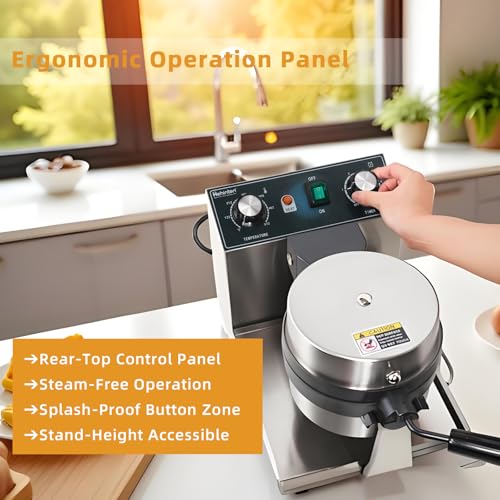 Hehinton® 110V 1300W Commercial Belgian Waffle Maker, 180 Degree Rotatable Waffle Baker Machine with 122-572℉ Temp Control, 0-5min Timer, φ7"X1.2" Thick Non-Stick Dough/Batter Round Waffle Maker - My Kitchen Products