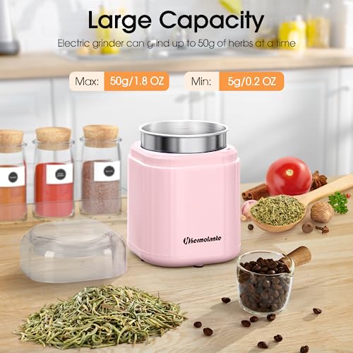 Hermolante Herb and Spice Grinder, 200W Electric With Stainless Steel Blade, Cleaning Brush - Compact Size 5.11in (Pink) - My Kitchen Products