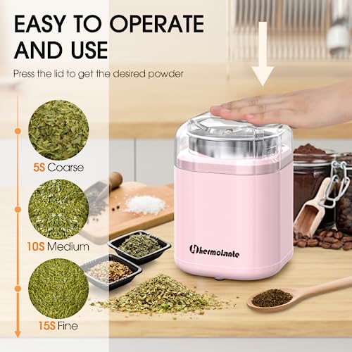 Hermolante Herb and Spice Grinder, 200W Electric With Stainless Steel Blade, Cleaning Brush - Compact Size 5.11in (Pink) - My Kitchen Products