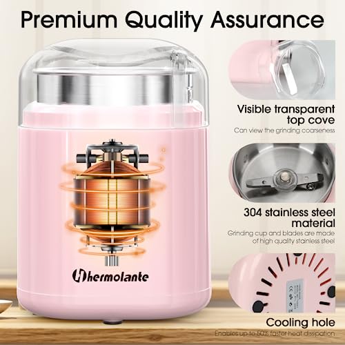 Hermolante Herb and Spice Grinder, 200W Electric With Stainless Steel Blade, Cleaning Brush - Compact Size 5.11in (Pink) - My Kitchen Products