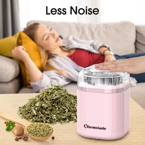 Hermolante Herb and Spice Grinder, 200W Electric With Stainless Steel Blade, Cleaning Brush - Compact Size 5.11in (Pink) - My Kitchen Products