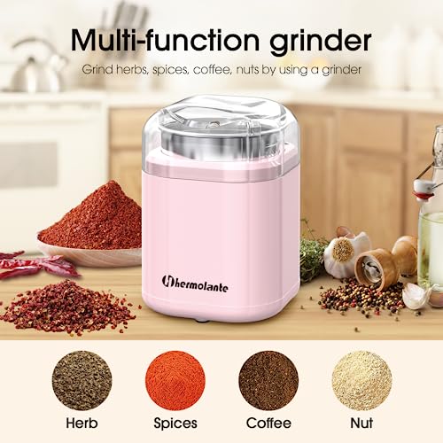 Hermolante Herb and Spice Grinder, 200W Electric With Stainless Steel Blade, Cleaning Brush - Compact Size 5.11in (Pink) - My Kitchen Products