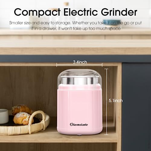 Hermolante Herb and Spice Grinder, 200W Electric With Stainless Steel Blade, Cleaning Brush - Compact Size 5.11in (Pink) - My Kitchen Products