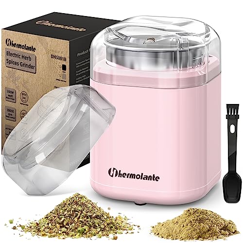 Hermolante Herb and Spice Grinder, 200W Electric With Stainless Steel Blade, Cleaning Brush - Compact Size 5.11in (Pink) - My Kitchen Products