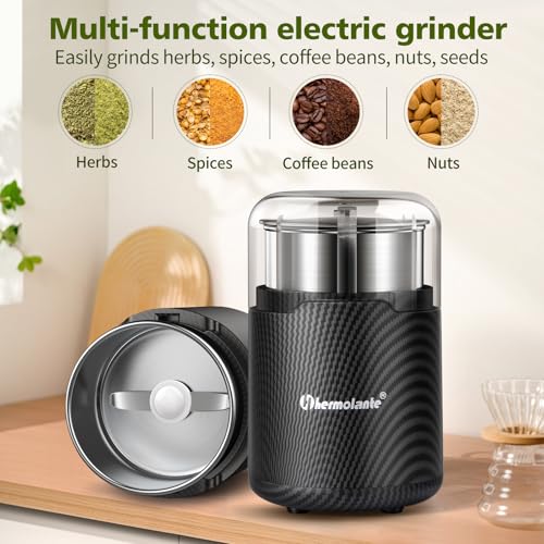 Hermolante Herb Grinder, Spice Grinder, Coffee grinder, 150 w Electric Herb Grinder with Stainless Steel Blade and Cleaning Brush, Compact Size Electric Grinder for Herb Spices Coffee Nuts Seeds,etc. - My Kitchen Products