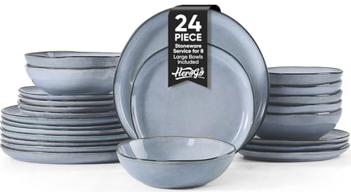 Herogo 24 Piece Dinnerware Dishes Sets for 8, Stoneware Plates and Bowls Dinner Set, Irregular Handmade Dishware Tableware for Home Kitchen, Microwave & Dishwasher Safe, Smoky Blue - My Kitchen Products