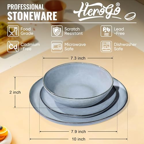 Herogo 24 Piece Dinnerware Dishes Sets for 8, Stoneware Plates and Bowls Dinner Set, Irregular Handmade Dishware Tableware for Home Kitchen, Microwave & Dishwasher Safe, Smoky Blue - My Kitchen Products