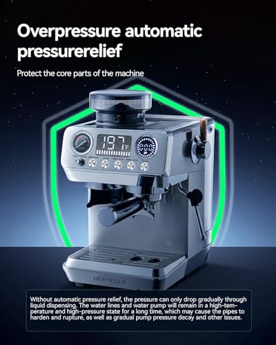 HERTELLA Espresso Machine with Burr Grinder, 20 Bar Visual Pressure Gauge, Milk Frother Steam Wand, Stainless Steel, 4 Temperature Modes (Hot and Cold Brew), Automatic Pressure Release Function - My Kitchen Products