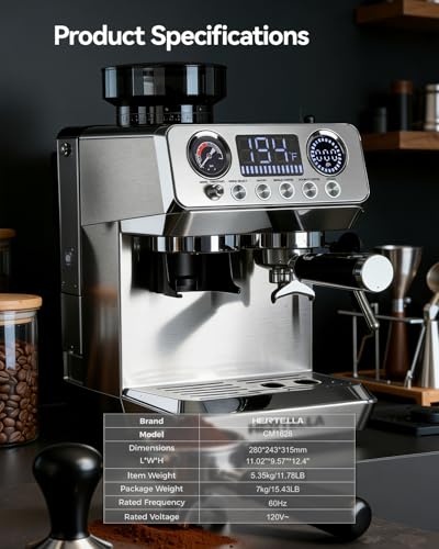 HERTELLA Espresso Machine with Burr Grinder, 20 Bar Visual Pressure Gauge, Milk Frother Steam Wand, Stainless Steel, 4 Temperature Modes (Hot and Cold Brew), Automatic Pressure Release Function - My Kitchen Products
