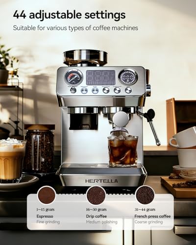 HERTELLA Espresso Machine with Burr Grinder, 20 Bar Visual Pressure Gauge, Milk Frother Steam Wand, Stainless Steel, 4 Temperature Modes (Hot and Cold Brew), Automatic Pressure Release Function - My Kitchen Products