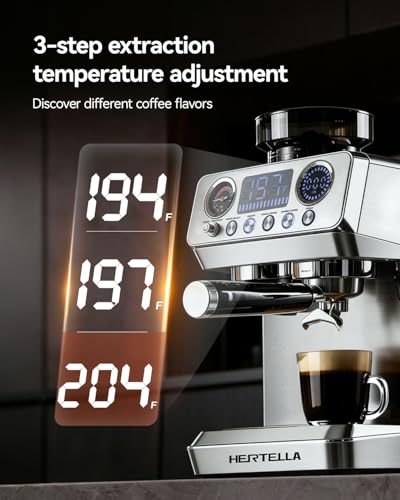 HERTELLA Espresso Machine with Burr Grinder, 20 Bar Visual Pressure Gauge, Milk Frother Steam Wand, Stainless Steel, 4 Temperature Modes (Hot and Cold Brew), Automatic Pressure Release Function - My Kitchen Products
