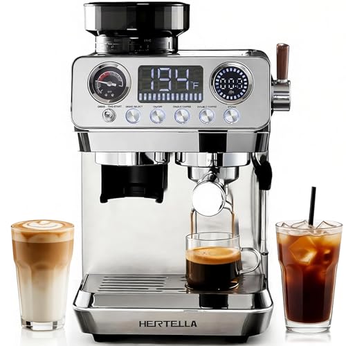 HERTELLA Espresso Machine with Burr Grinder, 20 Bar Visual Pressure Gauge, Milk Frother Steam Wand, Stainless Steel, 4 Temperature Modes (Hot and Cold Brew), Automatic Pressure Release Function - My Kitchen Products