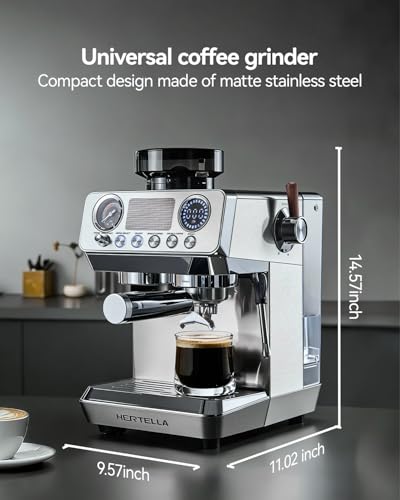 HERTELLA Espresso Machine with Burr Grinder, 20 Bar Visual Pressure Gauge, Milk Frother Steam Wand, Stainless Steel, 4 Temperature Modes (Hot and Cold Brew), Automatic Pressure Release Function - My Kitchen Products