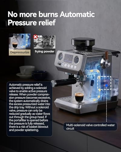 HERTELLA Espresso Machine with Burr Grinder, 20 Bar Visual Pressure Gauge, Milk Frother Steam Wand, Stainless Steel, 4 Temperature Modes (Hot and Cold Brew), Automatic Pressure Release Function - My Kitchen Products