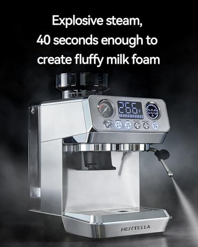 HERTELLA Espresso Machine with Burr Grinder, 20 Bar Visual Pressure Gauge, Milk Frother Steam Wand, Stainless Steel, 4 Temperature Modes (Hot and Cold Brew), Automatic Pressure Release Function - My Kitchen Products