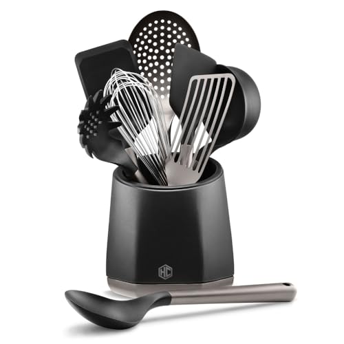 HexClad 9-Piece Kitchen Utensil Set, 9 Stainless Steel & Silicone Tools with a Fingerprint-Resistant Metallic Finish, Heat-Resistant to 450°F, Dishwasher-Safe, Includes Non-Slip Ceramic Crock Holder - My Kitchen Products