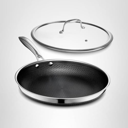 HexClad Hybrid Nonstick 12-Inch Frying Pan with Tempered Glass Lid, Stay-Cool Handle, Dishwasher-Friendly, Oven-Safe Up to 900°F, Induction Ready, Compatible with All Cooktops - My Kitchen Products