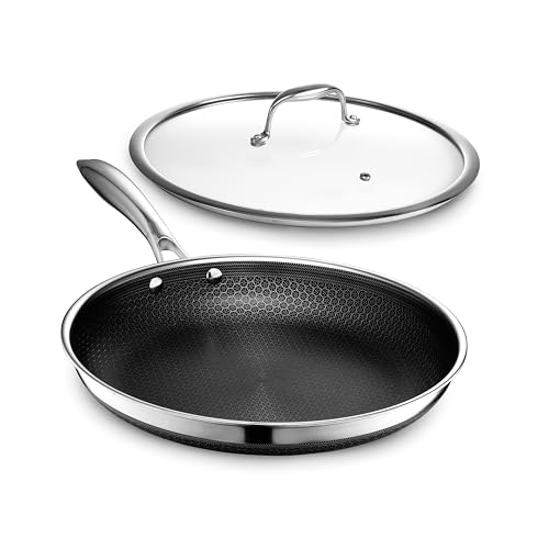 HexClad Hybrid Nonstick 12-Inch Frying Pan with Tempered Glass Lid, Stay-Cool Handle, Dishwasher-Friendly, Oven-Safe Up to 900°F, Induction Ready, Compatible with All Cooktops - My Kitchen Products