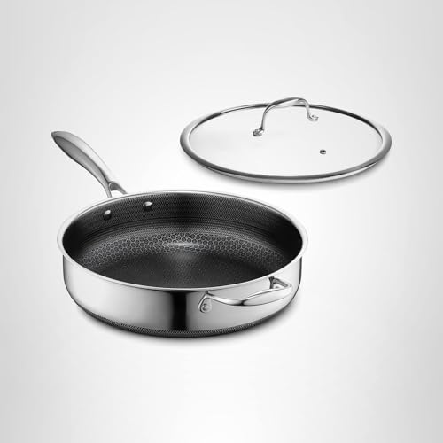 HexClad Hybrid Nonstick 4.5-Quart Deep Sauté Pan with Tempered Glass Lid, Stay-Cool Handle, Dishwasher-Friendly, Oven-Safe Up to 900°F, Induction Ready, Compatible with All Cooktops - My Kitchen Products