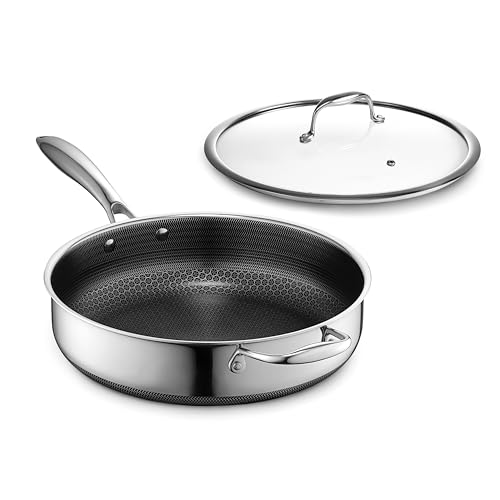 HexClad Hybrid Nonstick 4.5-Quart Deep Sauté Pan with Tempered Glass Lid, Stay-Cool Handle, Dishwasher-Friendly, Oven-Safe Up to 900°F, Induction Ready, Compatible with All Cooktops - My Kitchen Products