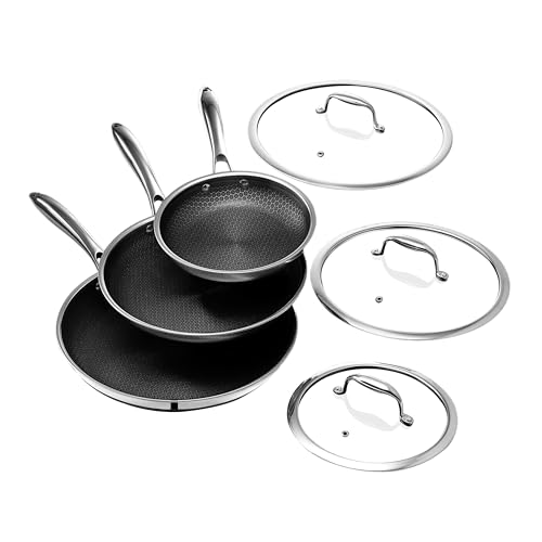 HexClad Hybrid Nonstick 6-Piece Frying Pan Set, 8, 10 and 12-Inch Frying Pans with Tempered Glass Lids, Stay-Cool Handles, Dishwasher and Oven Safe, Induction Ready, Compatible with All Cooktops - My Kitchen Products