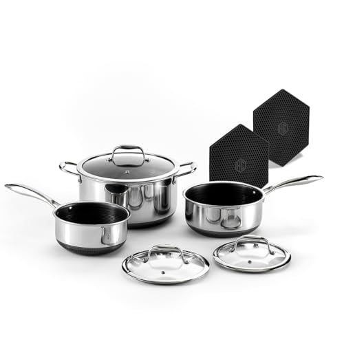 HexClad Hybrid Nonstick 6-Piece Pot Set with 2 Silicone Trivets, 2, 3, and 8-Quart Pots with Tempered Glass Lids, Stay-Cool Handles, Dishwasher-Friendly, Induction Ready, Compatible with All Cooktops - My Kitchen Products