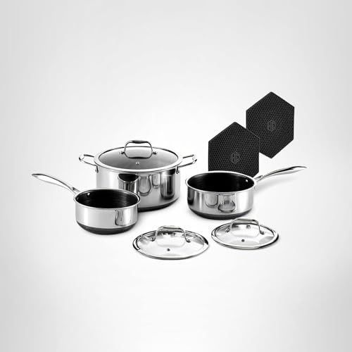 HexClad Hybrid Nonstick 6-Piece Pot Set with 2 Silicone Trivets, 2, 3, and 8-Quart Pots with Tempered Glass Lids, Stay-Cool Handles, Dishwasher-Friendly, Induction Ready, Compatible with All Cooktops - My Kitchen Products