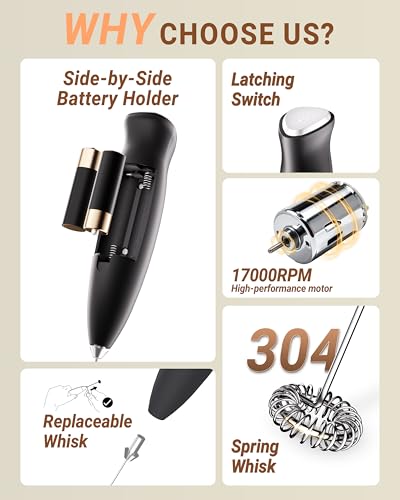 HeyLotie Milk Frother Handheld Frother Wand Drink Mixer Handheld Coffee Stirrers Electric Frother for Coffee Mixer Wand with 2 Whisk frother for protein powder coffee frother handheld -Black - My Kitchen Products